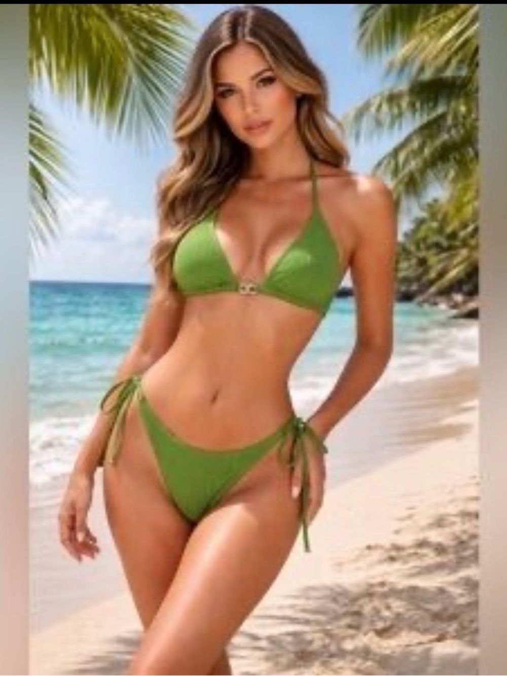 Michael Kors Olive Green Ribbed Triangle Bikini Set, Large NWT